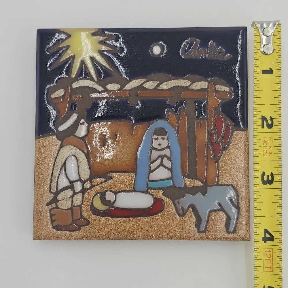 Christmas Nativity Scene Ceramic Art Tile Trivet Signed Anke Master Works
